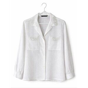Zara Woman White Crisp Linen Lace Pockets Collar Detail Button Front Chic Blouse